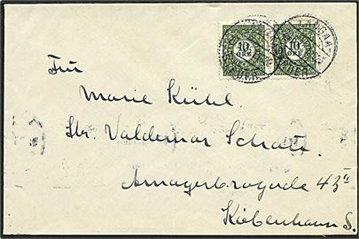 10 øre Frimærkejubilæum i parstykke på brev fra Skive annulleret med bureaustempel Langaa - Struer T.1026 d. 20.6.1925 til København.