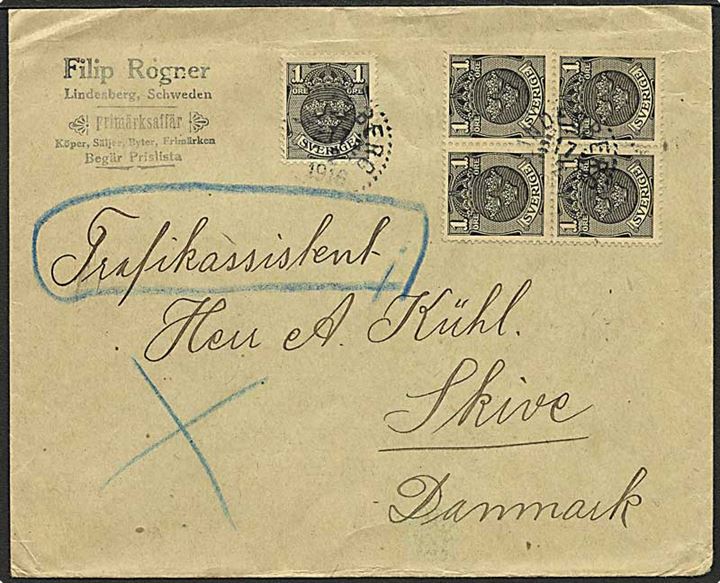 1 öre Tre Kroner i single og fireblok på 5 öre frankeret tryksag fra Lindesberg d. 17.2.1916 til Skive, Danmark.