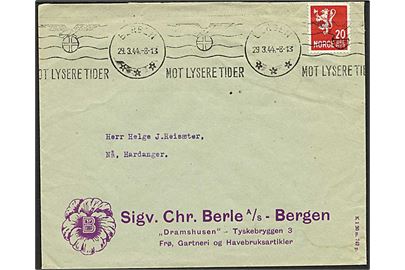 20 øre Løve single på brev annulleret med maskinstempel Mot lysere Tider fra Bergen d. 29.3.1944 til Nå i Hardanger.