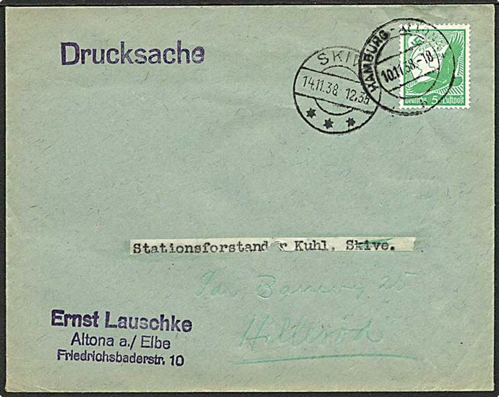 5 pfg. Luftpost single på tryksag fra Hamburg d. 10.11.1937 til Skive, Danmark - eftersendt til Hillerød.