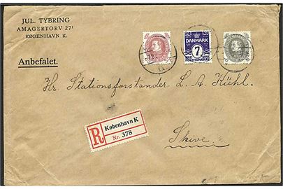 7 øre Bølgelinie, 8 øre og 35 øre Chr. X 60 år på 50 øre frankeret anbefalet brev fra København d. 7.2.1931 til Skive.