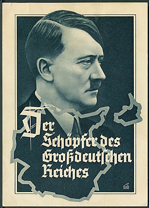 Propaganda. Hitler - Der Schöpfer des Grossdeutschen Reiches. Blandingsfrankeret med tysk og tjekkisk frimærke 1939.