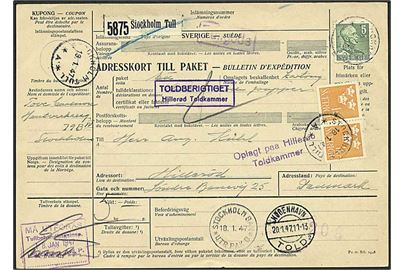 5 öre Gustaf og 1 kr. Tre Kroner i parstykke på 2,05 kr. frankeret internationalt adressekort for pakke fra Stockholm d. 19.1.1947 via København Told til Hillerød, Danmark.