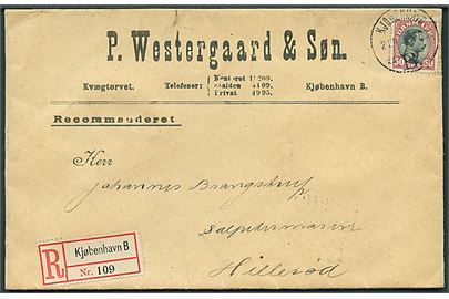 50 øre Chr. X single på anbefalet brev fra Kjøbenhavn d. 21.4.1921 til Hillerød.
