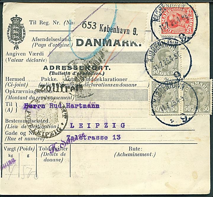 25 øre og 50 øre (3) Chr. X på 175 øre frankeret internationalt adressekort for pakke fra Kjøbenhavn 9 d. 11.7.1925 til Leipzig, Tyskland.