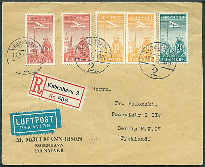 10 øre (par), 15 øre (2) og 20 øre Luftpost på 80 øre frankeret anbefalet luftpostbrev fra København d. 13.2.1937 til Berlin, Tyskland.