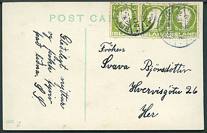 1 eyr Jon Sigurdsson (3) på lokalt brevkort i Reykjavik d. 31.12.1913.