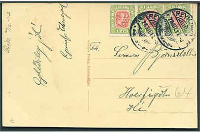 1 eyr To Konger i vandret 3-stribe på lokalt brevkort i Reykjavik d. 26.12.1917.