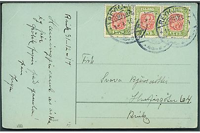 1 eyr To Konger i vandret 3-stribe på lokalt brevkort i Reykjavik d. 1.1.1918.