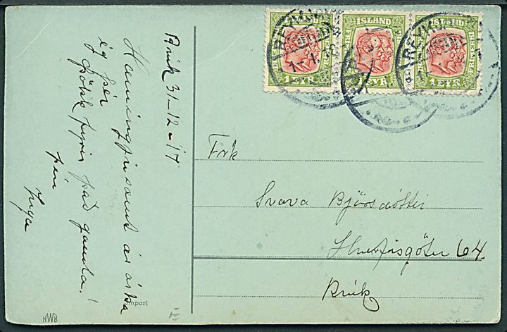 1 eyr To Konger i vandret 3-stribe på lokalt brevkort i Reykjavik d. 1.1.1918.