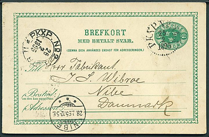 5 öre dobbelt helsagsbrevkort fra Stockholm annulleret med bureaustempel PKXP No. 34A d. 25.2.1895 til Nibe, Danmark. Vedhængende ubenyttet svardel.