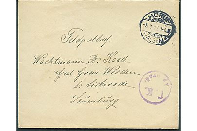 Ufrankeret feltpostkort stemplet Hörup *(Alsen)* d. 5.6.1917 til Lauenburg. Violet censurstempel: Ü.K. Apenrade.