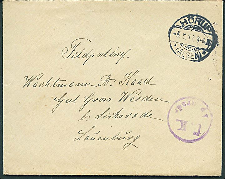 Ufrankeret feltpostkort stemplet Hörup *(Alsen)* d. 5.6.1917 til Lauenburg. Violet censurstempel: Ü.K. Apenrade.
