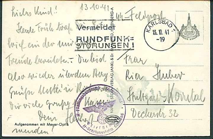 Ufrankeret SS-feltpostkort fra Karlsbad d. 13.10.1941 til Stuttgart med briefstempel: SS-Führungshauptamt - Sanitätsamt / SS-Genesungsheim Karlsbad.