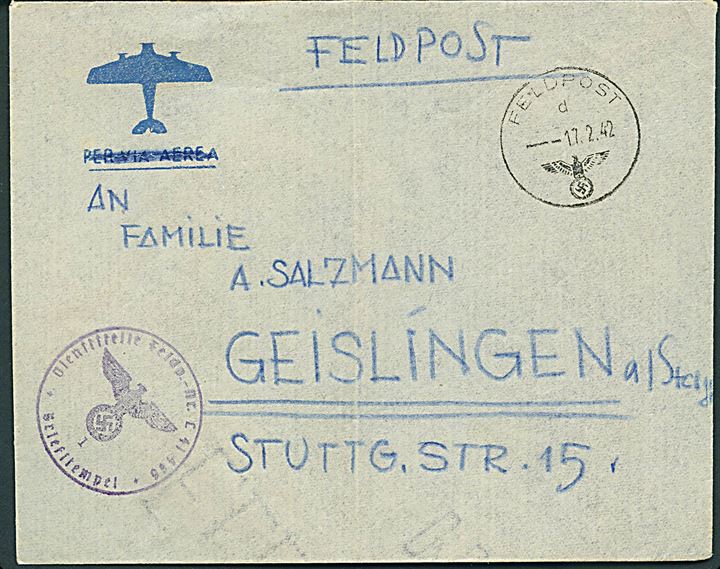 Ufrankeret italiensk luftpost kuvert sendt som feltpost stemplet Feldpost d d. 17.2.1942 til Geislingen, Tyskland. Fra Bauleiter ved feldpost L 30669 (= Fliegerhorst-Kommandantur (E) 14/XI i Catania på Sicilien). Briefstempel: Feldpost nr. L. 41456 (= Fliegerhorst-Kommandantur (E) 37 /XI i Gerbini, Italien).