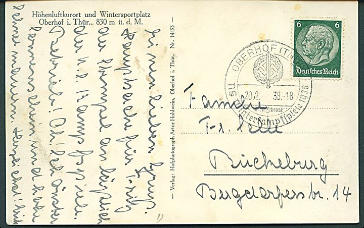 6 pfg. Hindenburg på brevkort (Oberhof Wintersportplatz) annulleret med særstempel Oberhof (Thür.) NS Winterkampfspiele 1938 d. 20.2.1938 til Bückeburg.