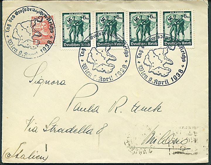 Østrigsk 3 gr. og tysk 6 pfg. (4) på blandingsfrankeret brev stemplet Tag der Grossdeutschen Reichs * Wien 9. April 1938 * til Milano, Italien.