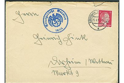 12 pfg. Hitler på brev fra RAD afdeling i Ebstorf d. 25.4.1942 med blåt stempel: Strafgericht Breslau 183/4.