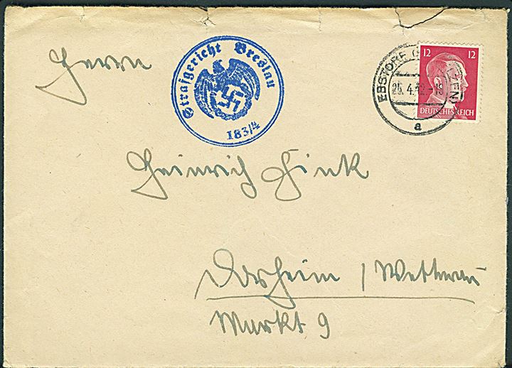 12 pfg. Hitler på brev fra RAD afdeling i Ebstorf d. 25.4.1942 med blåt stempel: Strafgericht Breslau 183/4.