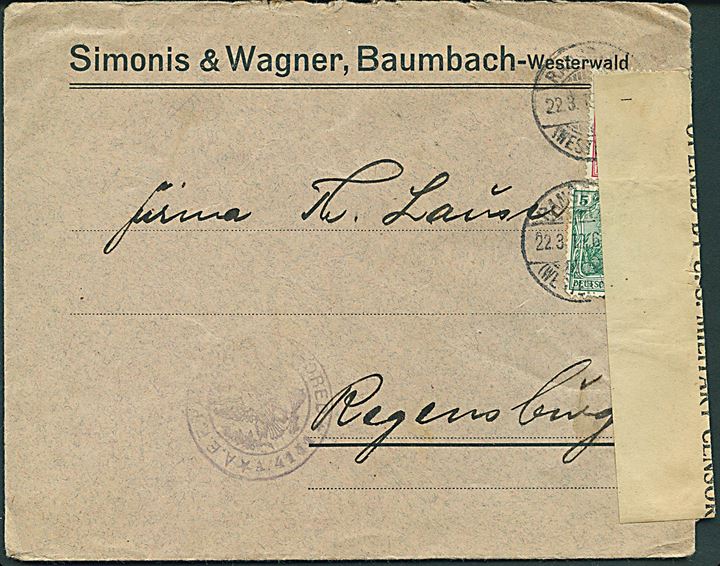 5 pfg. og 10 pfg. Germania på brev fra Baumbach Westerwald d. 22.3.1919 til Regensburg. Åbnet af amerikansk militærcensur: Opened by U.S. Military Censor med svagt A.E.F. censurstempel no. 4141.