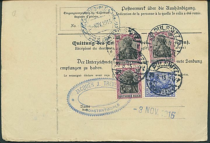 20 pfg. og 50 pfg. (4) Germania på for- og bagside af adressekort for pakke fra Pulsnitz d. 20.8.1915 til Constantinopel, Tyrkiet.