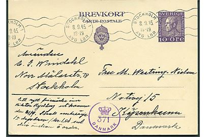 10 öre helsagsbrevkort fra Stockholm d. 8.9.1945 til København, Danmark. Dansk efterkrigscensur (krone)/371/Danmark.