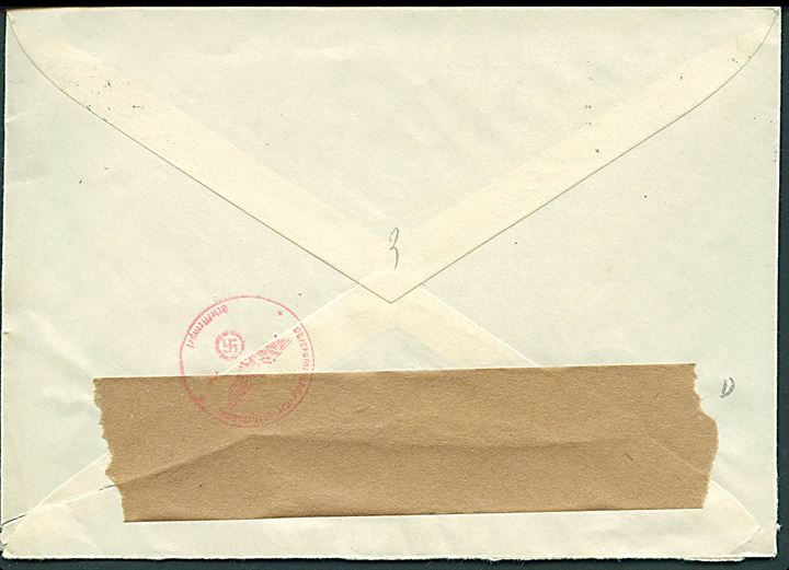 20 øre Løve på brev fra Oslo d. 14.11.1940 til Äppelviken, Sverige. Åbnet af tysk censur i Oslo med neutral brun banderole stemplet Oberkommando der Wehrmacht /~/* Briefstempel *.