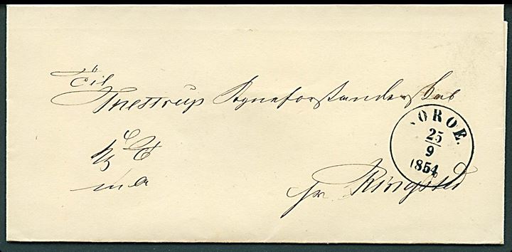 1854. Tjenestebrev mærket K.T.m.A. med antiqua Soröe. d. 25.9.1854 til Thestrup Sogneforstanderskab pr. Ringsted.