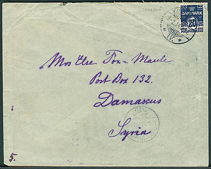 20 øre Bølgelinie sortblå single på brev fra Kjøbenhavn d. 2.2.1914 til Damaskus, Syrien. 