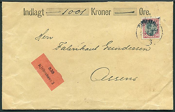 50 øre Chr. X single på værdibrev fra Kjøbenhavn d. 2.7.1920 til Assens.