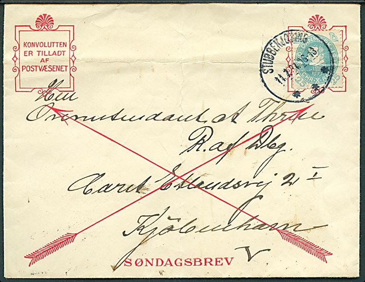 25 øre Chr. X 60 år single på fortrykt søndagsbrev-kuvert fra Stubbekjøbing d. 11.7.1931 til København. Desværre med kraftige folder.
