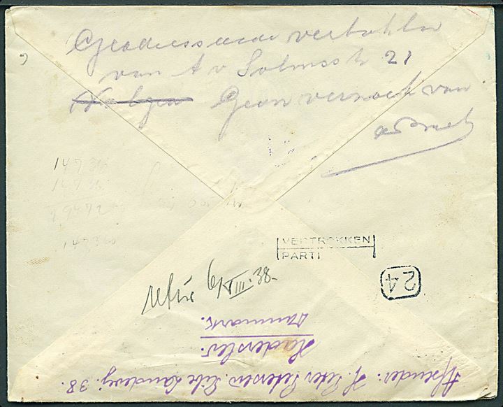 15 øre Stavnsbåndet i parstykke på brev fra Haderslev d. 2.8.1938 til Haag, Holland. Returneret med flere stempler da modtager er afrejst.