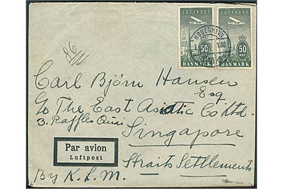 50 øre Luftpost (2) på luftpostbrev fra København d. 23.11.1938 via Berlin til Singapore, Straits Settlements. Påskrevet via K.L.M. (Hollandsk luftpost).
