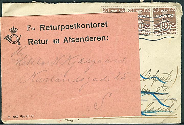 10 øre Bølgelinie (3) på brev fra København d. 21.12.1938 til Königsberg, Ostpreussen, Tyskland. Retur med 2-sproget etiket Abgereist. I Danmark forespurgt via Returpostkontoret med vignet F.4007 11/36 (C7