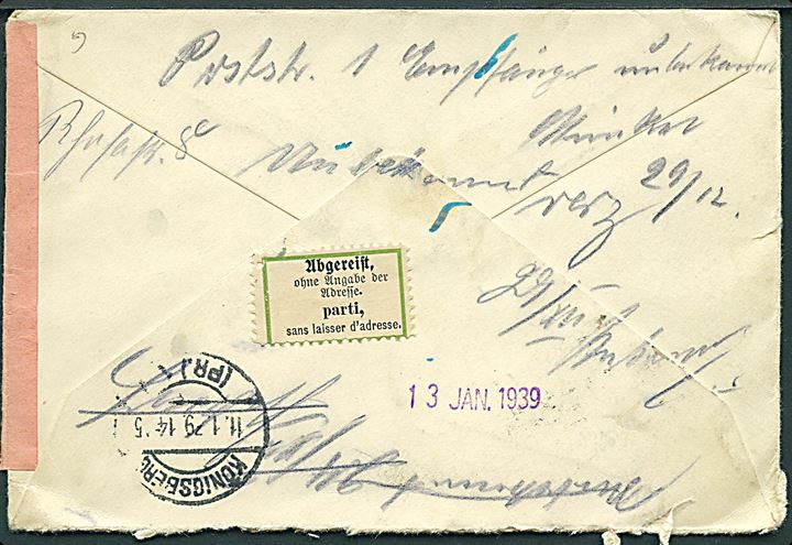 10 øre Bølgelinie (3) på brev fra København d. 21.12.1938 til Königsberg, Ostpreussen, Tyskland. Retur med 2-sproget etiket Abgereist. I Danmark forespurgt via Returpostkontoret med vignet F.4007 11/36 (C7
