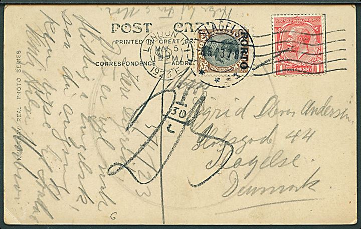 Engelsk 1d George V single på underfrankeret brevkort fra London d. 5.5.1923 til Slagelse, Danmark. Udtakseret i porto med 25 øre Porto-provisorium stemplet Slagelse d. 8.5.1923.