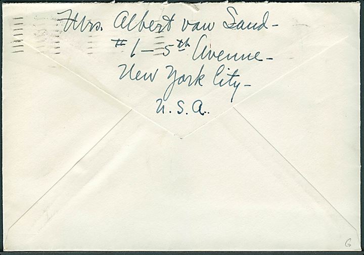 5 cents Roosevelt på brev fra Mrs. Albert van Sand i New York d. 18.12.1934 til Kong Christian X i København, Danmark. Påskrevet: via SS Albert Ballin. Sendt fra hustru til redaktøren af det dansk-amerikanske ugeblad Nordlyset.
