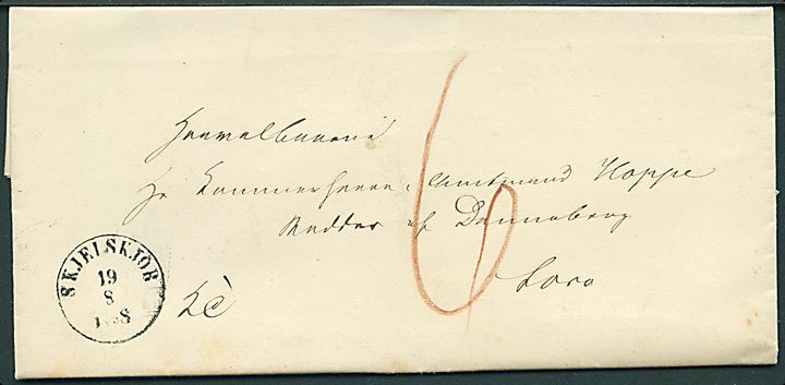 1858. Ufrankeret tjenestebrev påskrevet K.T. med antiqua Skjelskjör d. 19.8.1858 til Sorø. Påskrevet 6 sk. porto. Fuldt indhold.