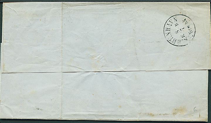 4 sk. 1858 udg. i vandret parstykke på dampskibsbrev fra provinsen sendt som dobbeltbrev og annulleret nr.stempel 1 og på bagsiden antiqua Kjøbenhavn d. 8.7.1862 til Kjøbenhavn. Folder.