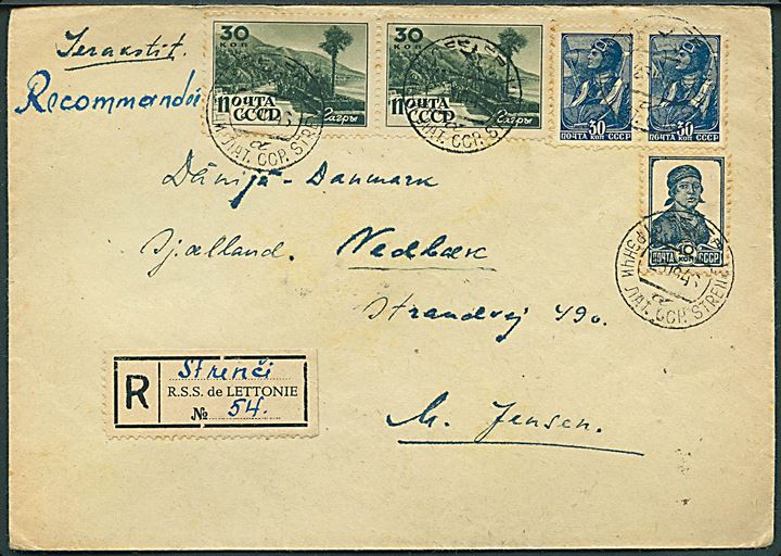 1 rub. 30 kop. blandingsfrankeret anbefalet brev annulleret med 2-sproget stempel fra Strenci Let. SSR. d. 25.10.1946 via Riga til Vedbæk, Danmark. Ank.stemplet Vedbæk d. 9.11.1946.