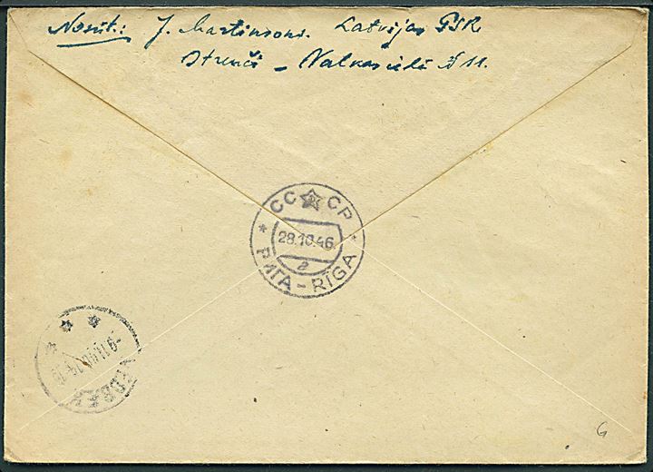 1 rub. 30 kop. blandingsfrankeret anbefalet brev annulleret med 2-sproget stempel fra Strenci Let. SSR. d. 25.10.1946 via Riga til Vedbæk, Danmark. Ank.stemplet Vedbæk d. 9.11.1946.