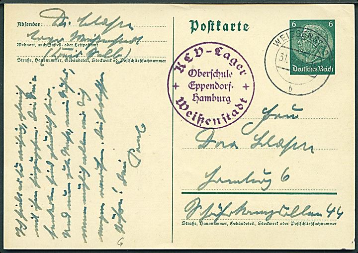 6 pfg. Hindenburg på brevkort fra Weissenstadt d. 31.5.1941 sidestemplet KLV Lager Weissenstadt / Oberschule Eppendorf-Hamburg til Hamburg. KLV = Kinderlandverschickung (Børneevakuering).