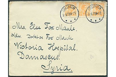 7 øre Chr. X (3) på brev fra Hørsholm d. 3.5.1919 til Victoria Hospital, Damaskus, Syrien. Overfrankeret 1 øre.