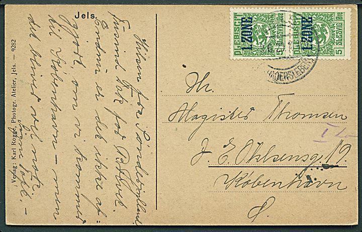 5 øre Fælles udg. i parstykke på brevkort annulleret med tysk stempel Jels (Kr. Hadersleben) d. 9.6.1920 til København. Stempel benyttet 14 dage senere end angivet i Daka.
