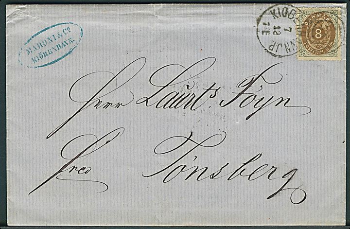 8 sk. Tofarvet (fold) single på brev annulleret med kombineret nr.stempel 34/Kiøbenhavn JB. d. 7.12.1872 til Laurits Foyn i Tønsberg, Norge.