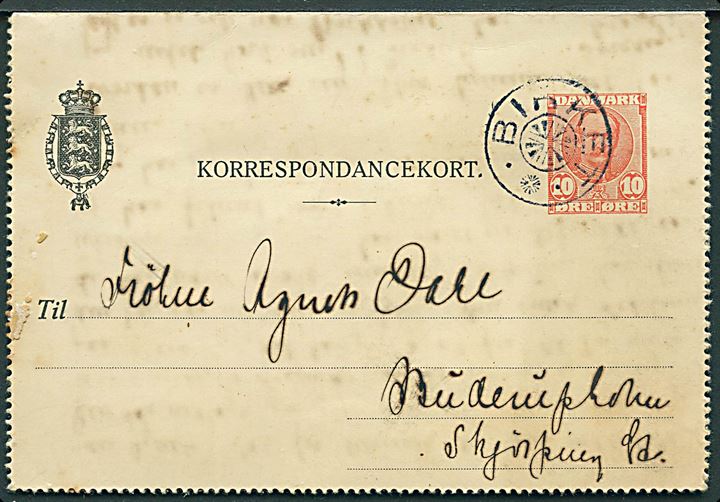 10 øre Fr. VIII helsagskorrespondancekort dateret d. 30.10.1913 annulleret med stjernestempel BIRKET (type II) til Skørping.