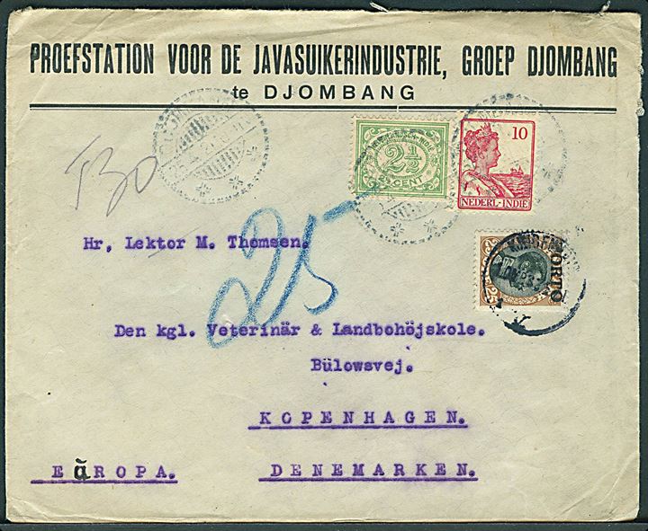 Hollandsk Ostindien 2½ c. og 10 c. på underfrankeret brev fra Djombang d. 25.4.1921 til København, Danmark. Udtakseret i porto med 25 øre Porto-provisorium stemplet Kjøbenhavn d. 29.5.1921.
