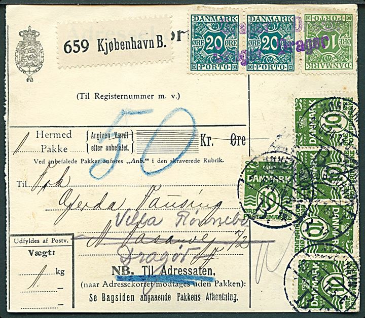 10 øre Bølgelinie (5) på adressekort for lokalpakke stemplet København B. d. 20.6.1924 - eftersendt til Dragør og udtakseret i 50 øre porto med 10 øre og 20 øre (par) annulleret med liniestempel Dragør. 