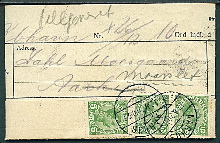 Telegram fra Kjøbenhavn til Moesgaard pr. Aarhus. Påskrevet Telefoneret og udsendt som brev med 5 øre Chr. X (3) stemplet Aarhus d. 12.6.1920 til Moesgaard pr. Maarslet.