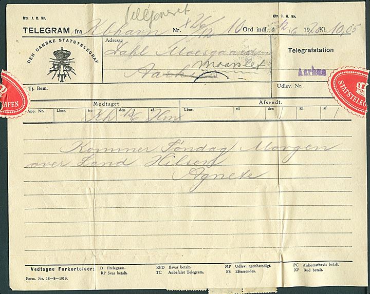 Telegram fra Kjøbenhavn til Moesgaard pr. Aarhus. Påskrevet Telefoneret og udsendt som brev med 5 øre Chr. X (3) stemplet Aarhus d. 12.6.1920 til Moesgaard pr. Maarslet.